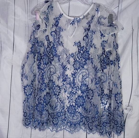 Fashion Nova Tops - Fashion Nova Sheer Cold Shoulder Blue And White Floral Lace Romantic Top